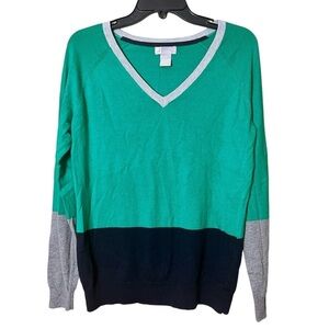 jcp Cashmere Blend Color Block V Neck Sweater Large Preppy Academia Y2K Vintage